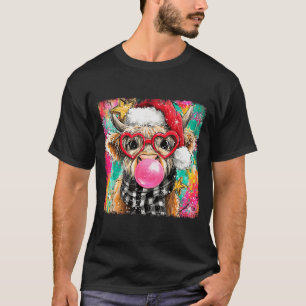 Merry Christmas Bubble Gum Xmas Highland Cow Heife T-Shirt