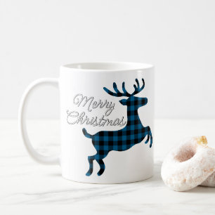 Merry Christmas Buck on Blue Black Buffalo Check Coffee Mug