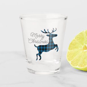 Merry Christmas Buck on Blue Black Buffalo Check Shot Glass