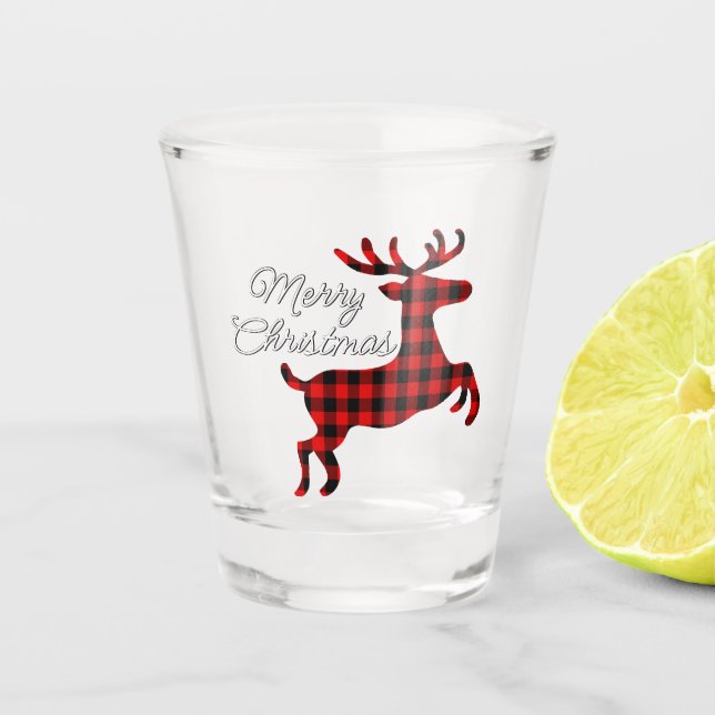 Merry Christmas Buck on Red Black Buffalo Check Shot Glass (Front)