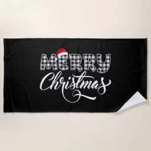Merry Christmas Buffalo Black and White Plaid for Beach Towel