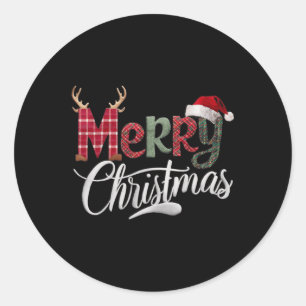 Merry Christmas Buffalo Black And White Plaid For  Classic Round Sticker