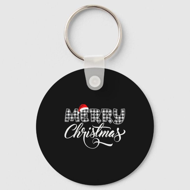Merry Christmas Buffalo Black And White Plaid For  Key Ring (Front)