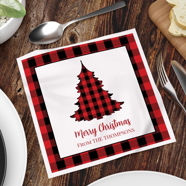 Merry Christmas Buffalo Check Pattern Custom Napkin (Merry Christmas buffalo check pattern custom Christmas tree napkin,)