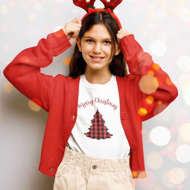 Merry Christmas Buffalo Check Pattern T-Shirt (Merry Christmas buffalo check pattern tree t shirt. )