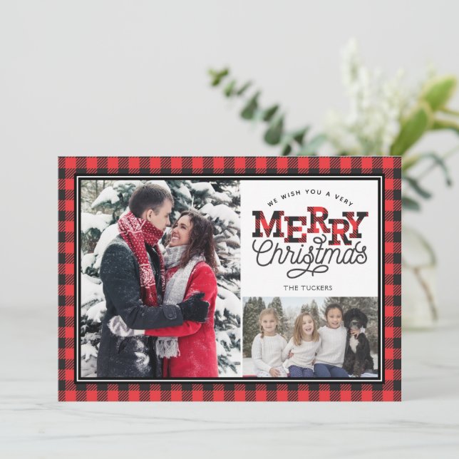 MERRY Christmas Buffalo Plaid Border 2-Photo Holiday Card (Standing Front)