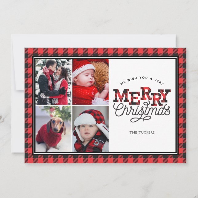 MERRY Christmas Buffalo Plaid Border 4-Photo Card (Front)
