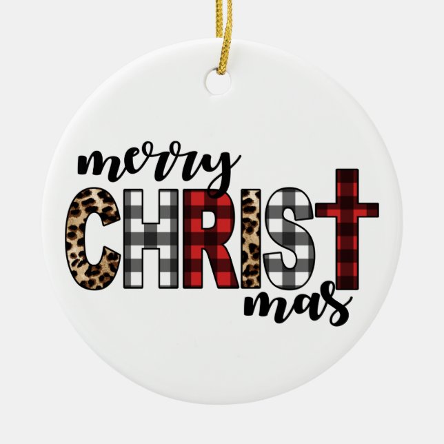 Merry CHRISTmas Buffalo Plaid Ceramic Tree Decoration (Front)