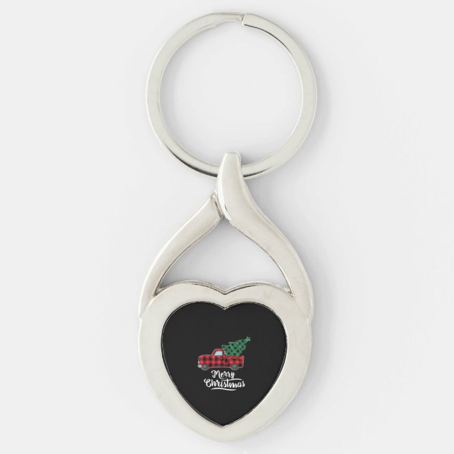 Merry Christmas Buffalo Plaid Christmas Tree Red Key Ring (Front)