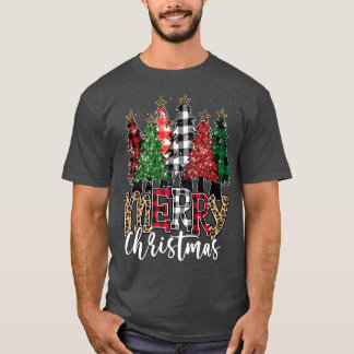 Merry Christmas Buffalo Plaid Christmas Trees Leop T-Shirt