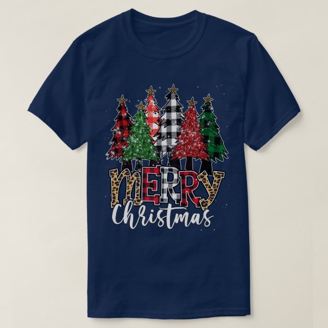 Merry Christmas Buffalo Plaid Christmas Trees Leop T-Shirt (Design Front)