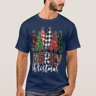 Merry Christmas Buffalo Plaid Christmas Trees Leop T-Shirt