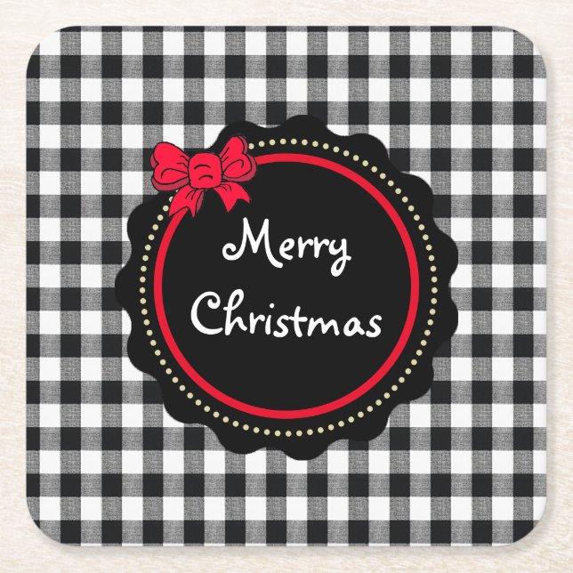 Merry Christmas Buffalo Plaid Country Style Square Paper Coaster (Front)
