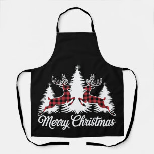 Merry Christmas Buffalo Plaid Cute Reindeer Xmas Apron
