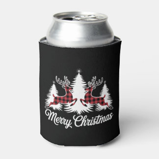 Merry Christmas Buffalo Plaid Cute Reindeer Xmas Can Cooler