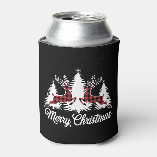 Merry Christmas Buffalo Plaid Cute Reindeer Xmas Can Cooler (Can Front)