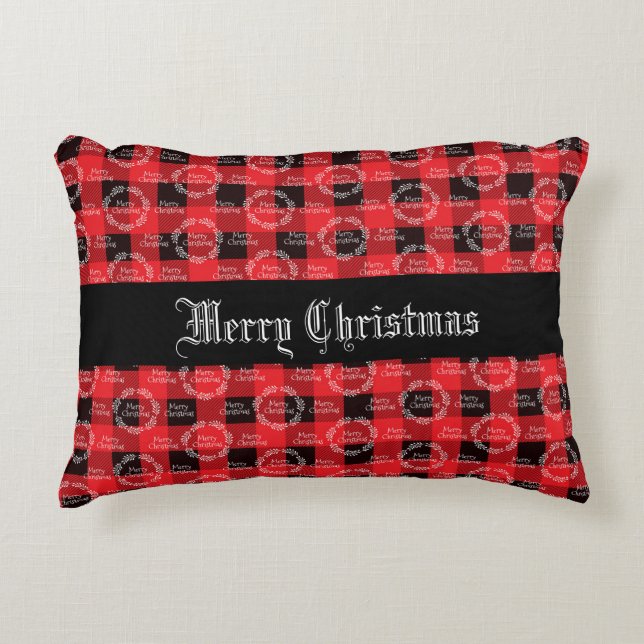 Merry Christmas Buffalo Plaid Decorative Cushion (Front)