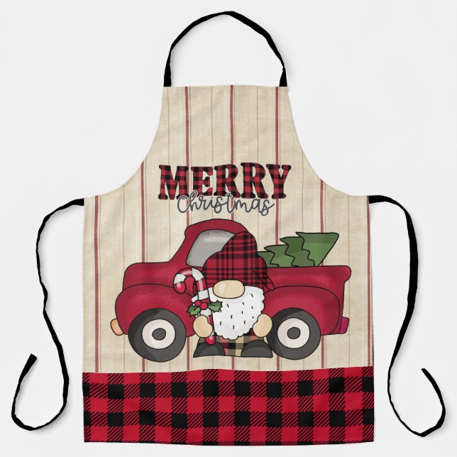 Merry Christmas Buffalo Plaid Gnome Apron (Front)