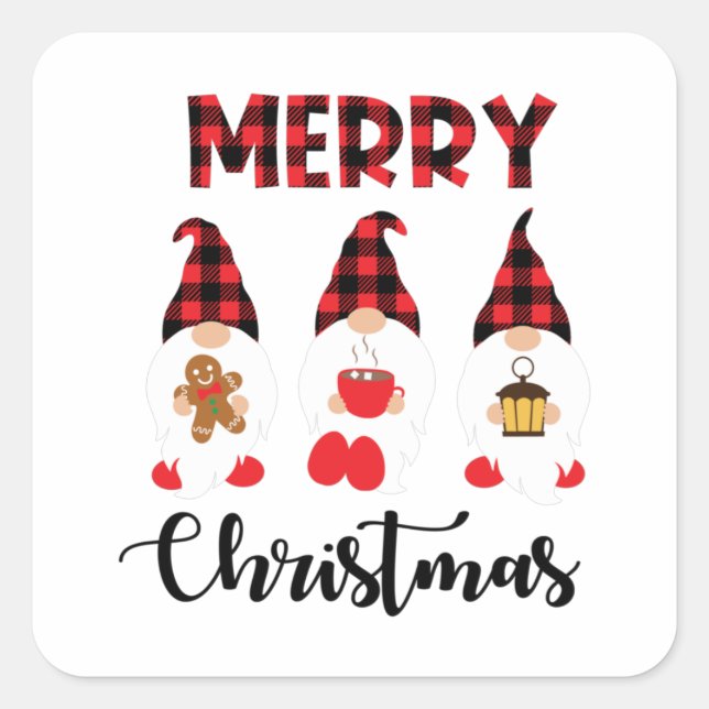 Merry Christmas- Buffalo Plaid Gnomes Square Sticker (Front)