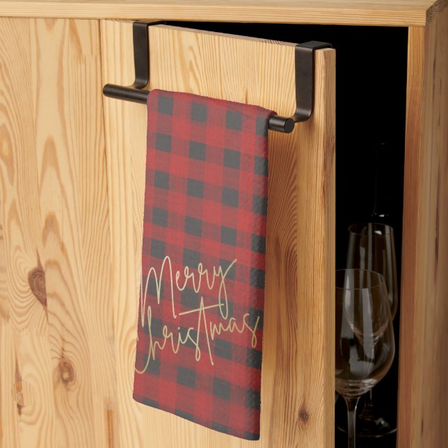 Merry Christmas Buffalo Plaid Holiday Tea Towel (Thirds Fold)