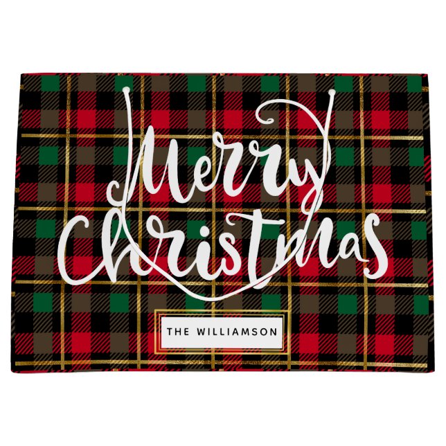 Merry Christmas Buffalo Plaid Large Gift Bag (Front)