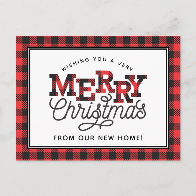 MERRY Christmas Buffalo Plaid Moving Announcement Postcard (Front)