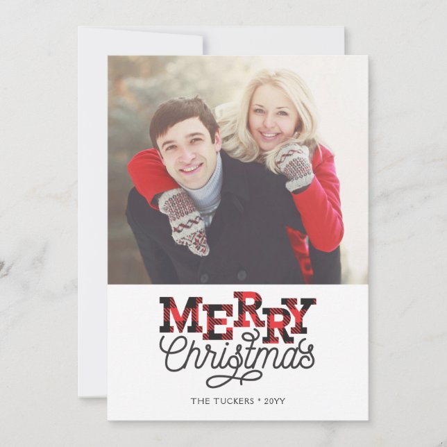 MERRY Christmas Buffalo Plaid Photo Holiday Card (Front)