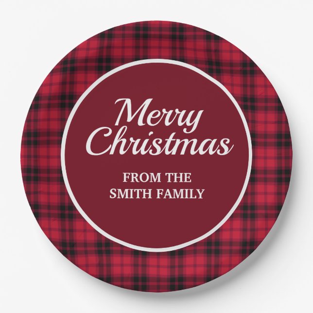 Merry Christmas Buffalo Plaid Red Black Chequered Paper Plate (Front)