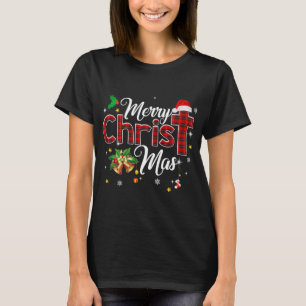 Merry Christmas Buffalo Plaid Red Christian Cross T-Shirt