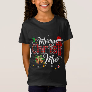 Merry Christmas Buffalo Plaid Red Christian Cross T-Shirt