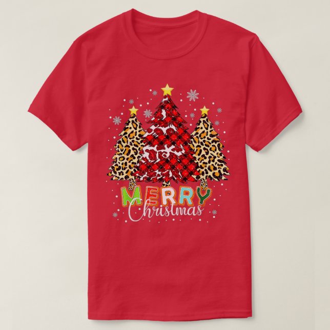 Merry Christmas Buffalo Plaid Red Leopard Tree Fun T-Shirt (Design Front)