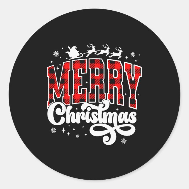 Merry Christmas Buffalo Plaid Red Santa Family Xma Classic Round Sticker (Front)
