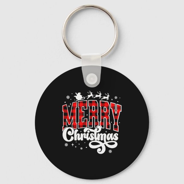 Merry Christmas Buffalo Plaid Red Santa Family Xma Key Ring (Front)