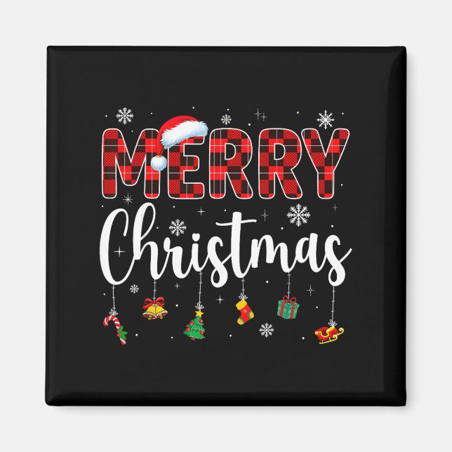 Merry Christmas Buffalo Plaid Red Santa Family Xma Magnet (Front)