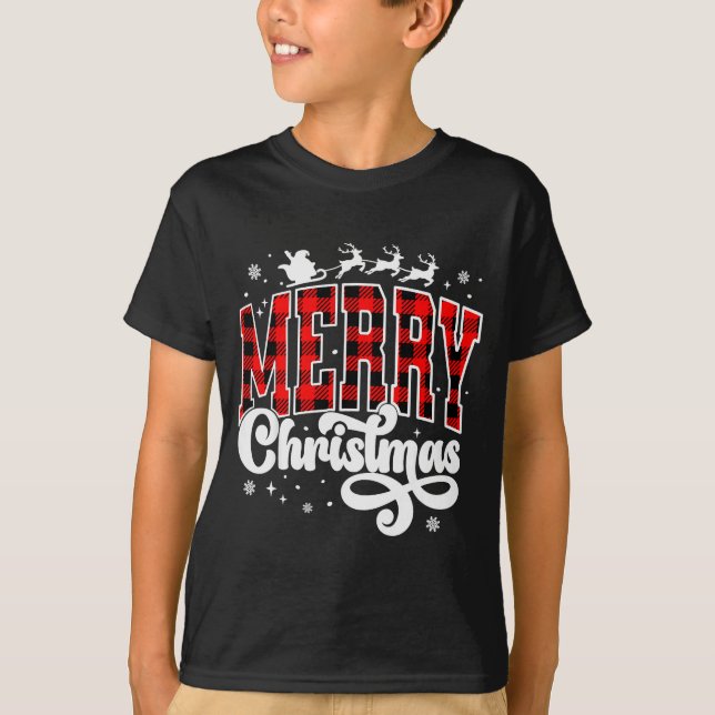 Merry Christmas Buffalo Plaid Red Santa Family Xma T-Shirt (Front)