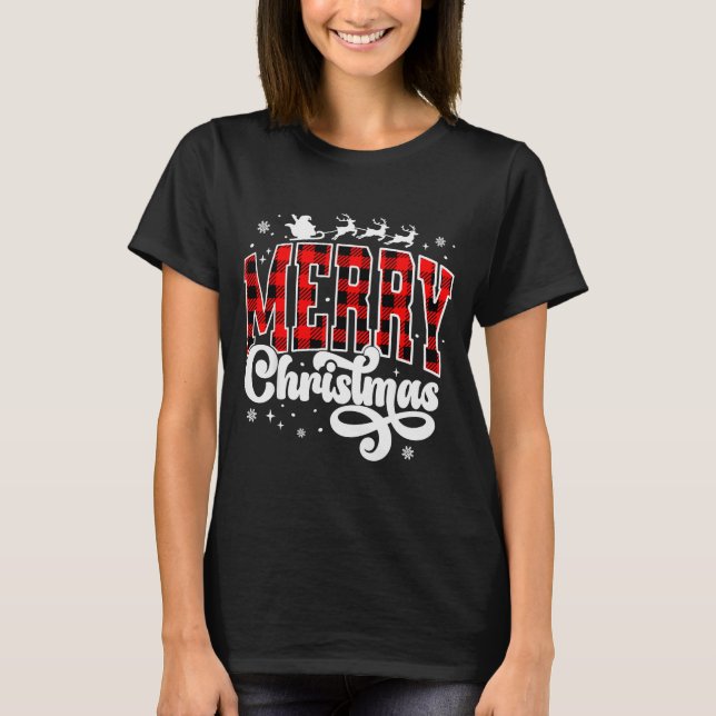 Merry Christmas Buffalo Plaid Red Santa Family Xma T-Shirt (Front)