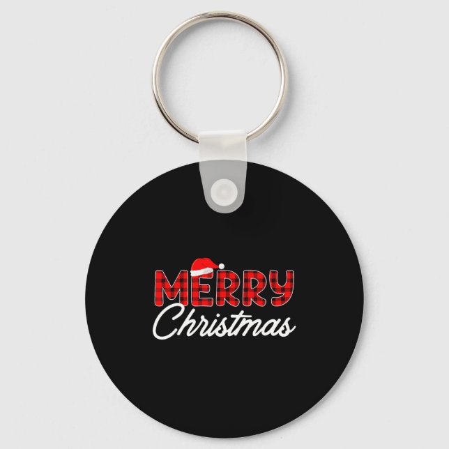 Merry Christmas Buffalo Plaid Red Santa Hat  Key Ring (Front)