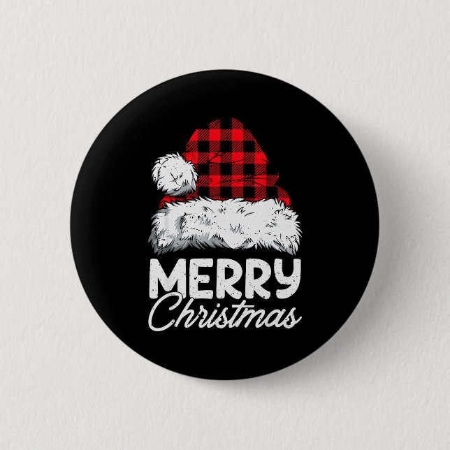 Merry Christmas Buffalo Plaid Red Santa Hat Xmas P 6 Cm Round Badge (Front)