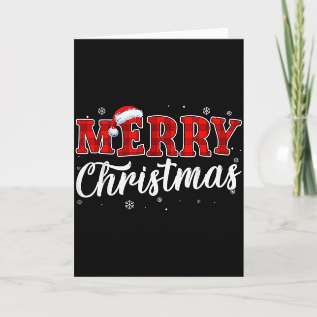 Merry Christmas Buffalo Plaid Red Santa Hat Xmas P Card (Front)