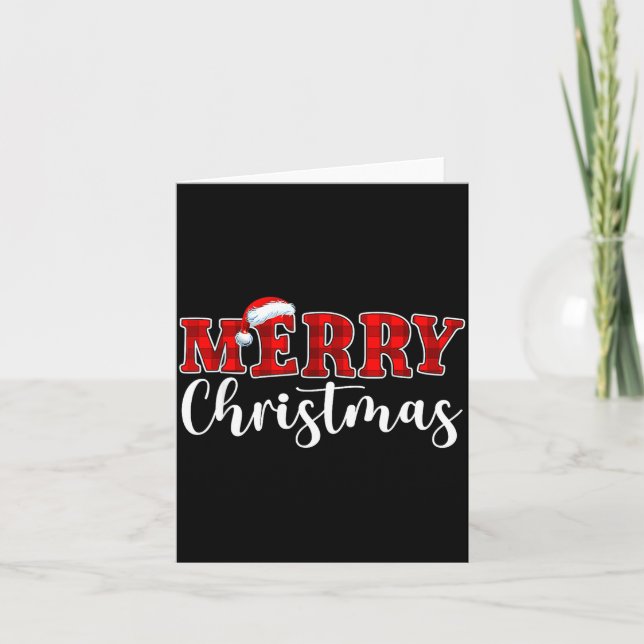 Merry Christmas Buffalo Plaid Red Santa Hat Xmas P Card (Front)