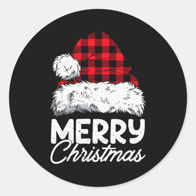 Merry Christmas Buffalo Plaid Red Santa Hat Xmas P Classic Round Sticker (Front)