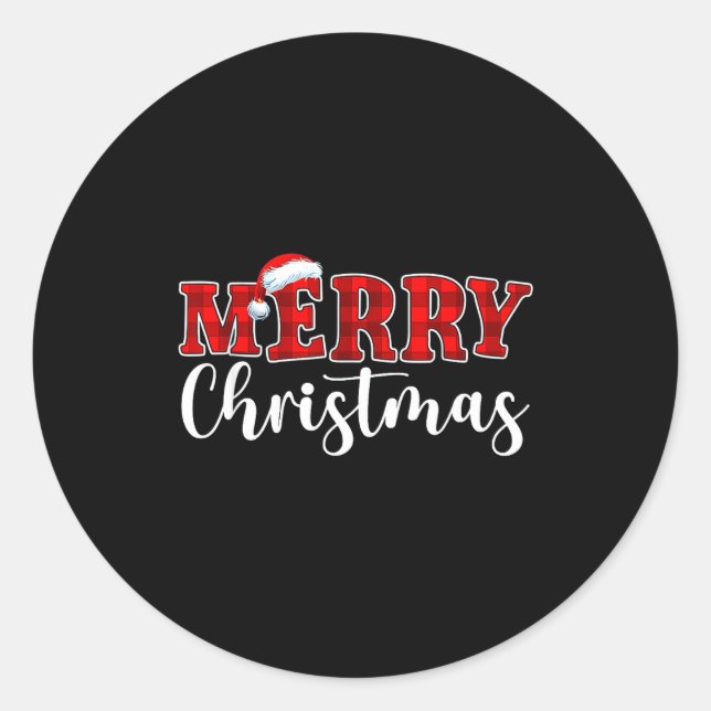 Merry Christmas Buffalo Plaid Red Santa Hat Xmas P Classic Round Sticker (Front)
