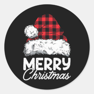 Merry Christmas Buffalo Plaid Red Santa Hat Xmas P Classic Round Sticker
