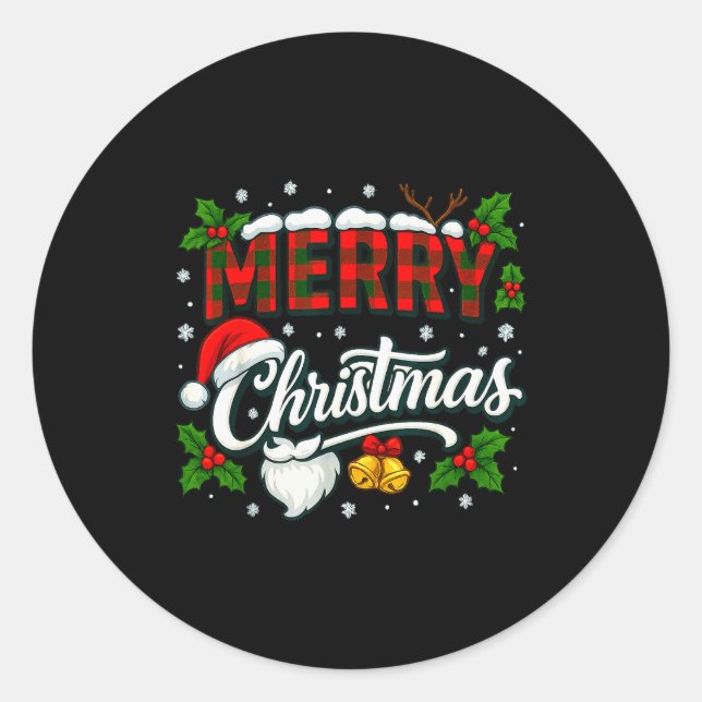 Merry Christmas Buffalo Plaid Red Santa Hat Xmas P Classic Round Sticker (Front)