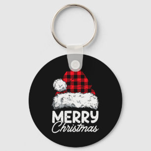 Merry Christmas Buffalo Plaid Red Santa Hat Xmas P Key Ring