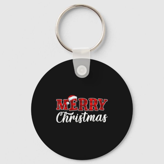 Merry Christmas Buffalo Plaid Red Santa Hat Xmas P Key Ring (Front)