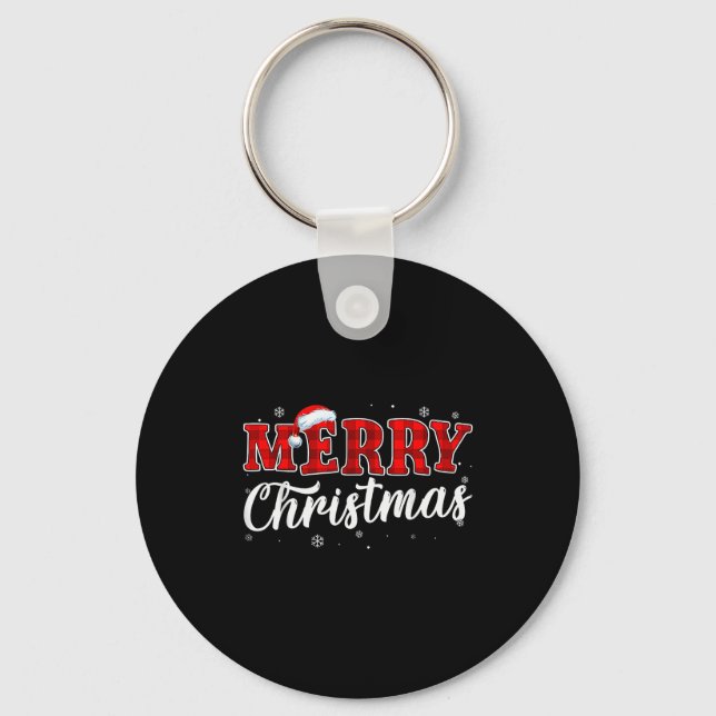 Merry Christmas Buffalo Plaid Red Santa Hat Xmas P Key Ring (Front)