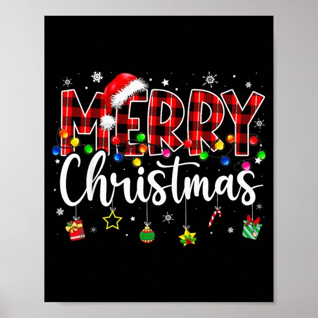 Merry Christmas Buffalo Plaid Red Santa Hat Xmas P Poster (Front)