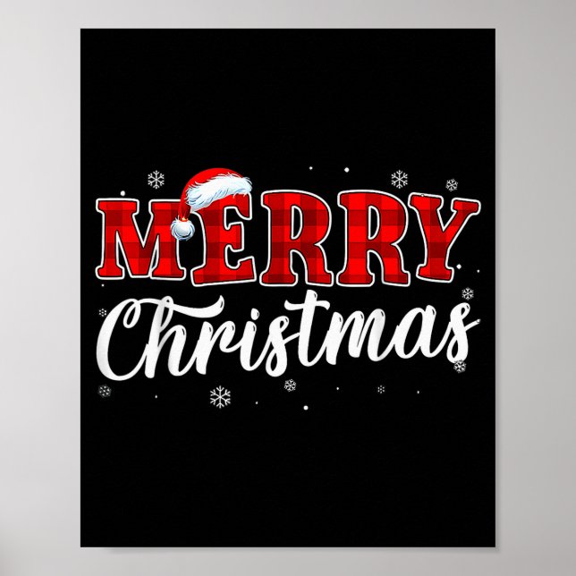 Merry Christmas Buffalo Plaid Red Santa Hat Xmas P Poster (Front)