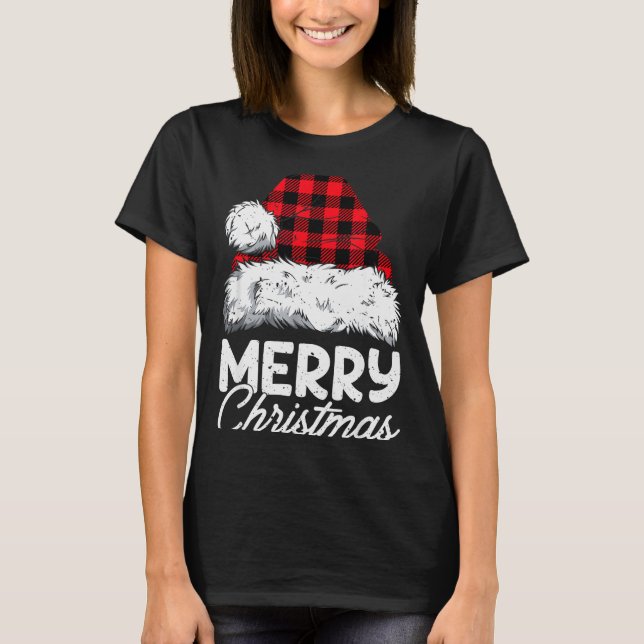 Merry Christmas Buffalo Plaid Red Santa Hat Xmas P T-Shirt (Front)